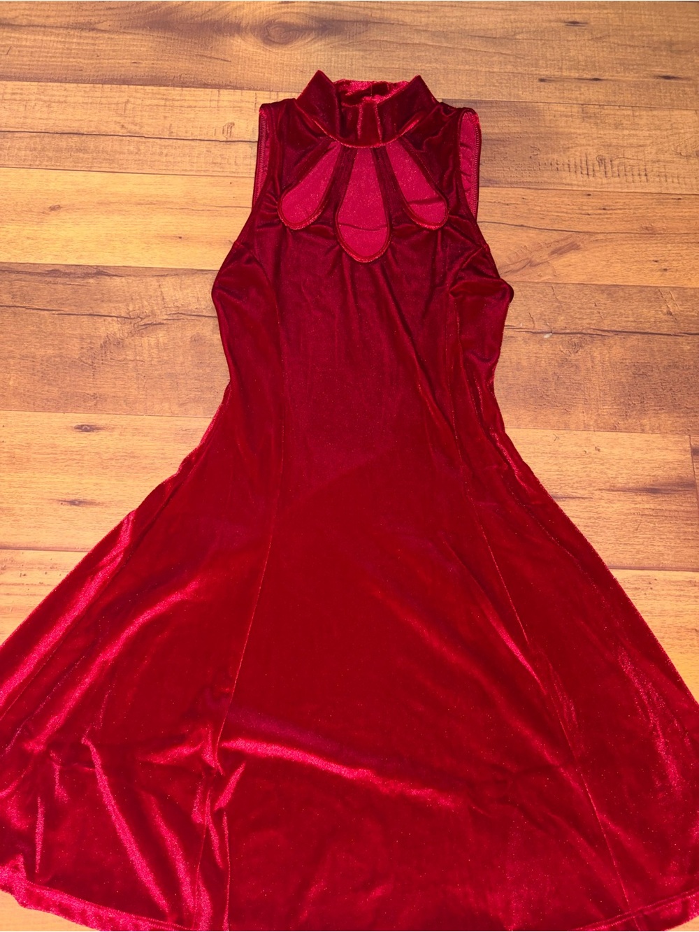 I Heart Raves Red Velvet High Neck Keyhole Cutout Flare Dress XS